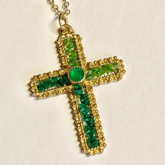 Vintage Gold Bead Cross Pendant Necklace Green Hand Beaded Plated 18" Christian - Picture 2 of 10